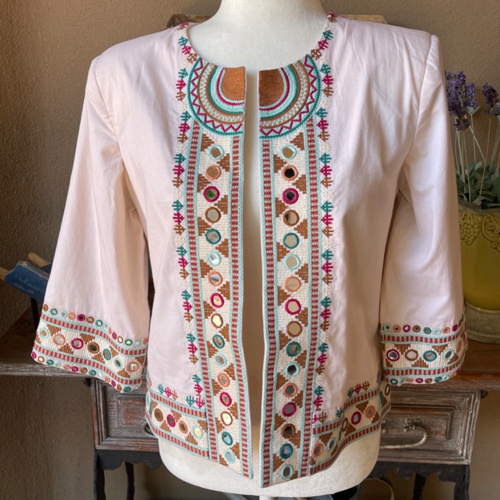 NEW! SOUK IINDIGO Cream Hand Embroidered Open Jacket Size XS NWT!